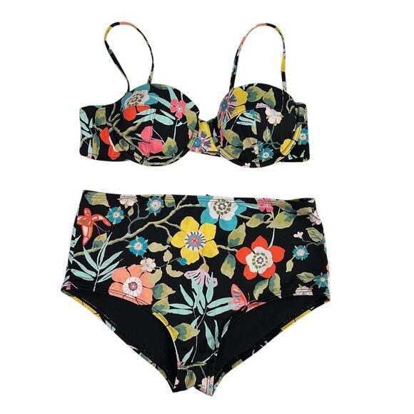 J. Crew Liberty Fabric Bikini 36B Top / Medium Bottom Black Pink Yellow - Picture 1 of 16